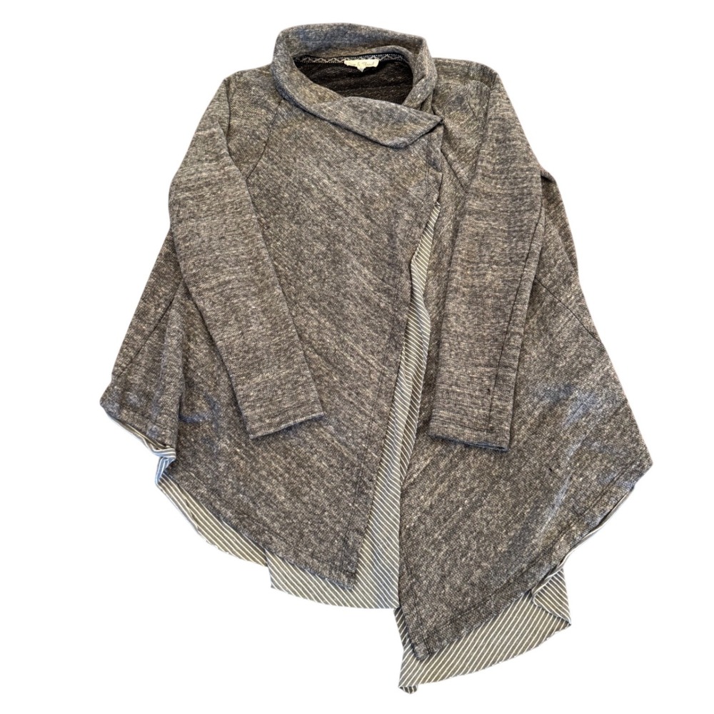 Hem & Thread Grey Marl Asymmetric Wrap Cardigan Striped Hem Small 12556